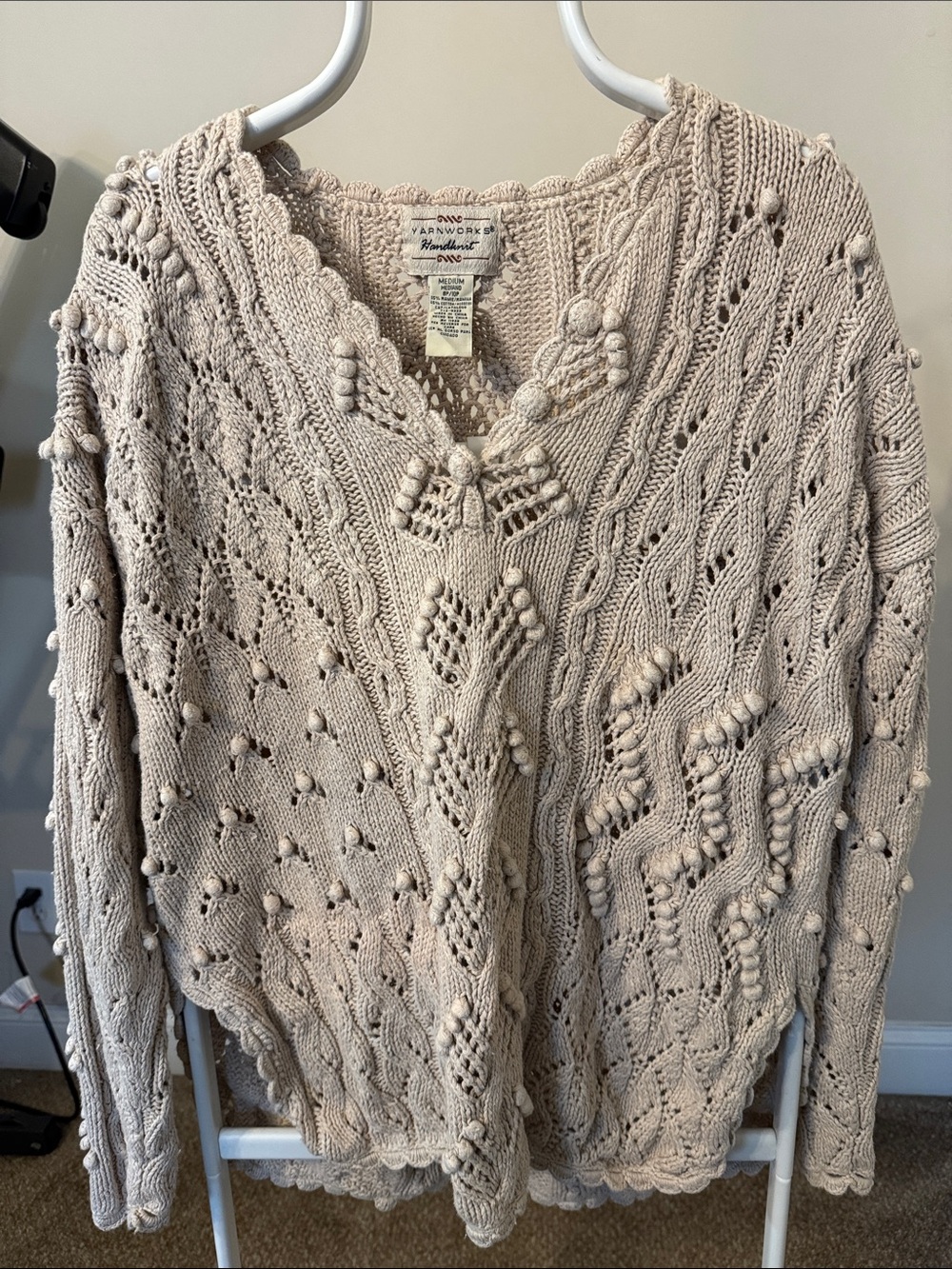 Handmade Cream Pom-Pom Cable Knit V-Neck Sweater